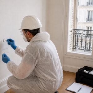 Diagnostiqueur réalisant un prélèvement amiante