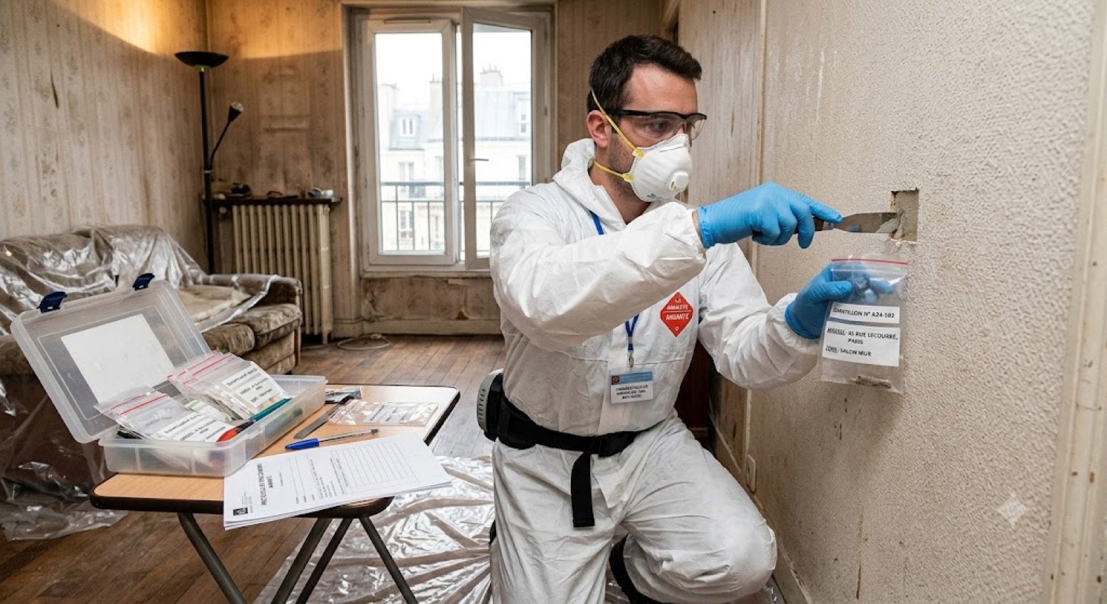 Opérateur en combinaison réalisant un repérage amiante
