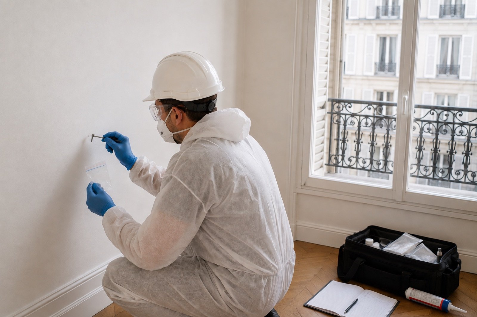 Diagnostiqueur réalisant un prélèvement amiante